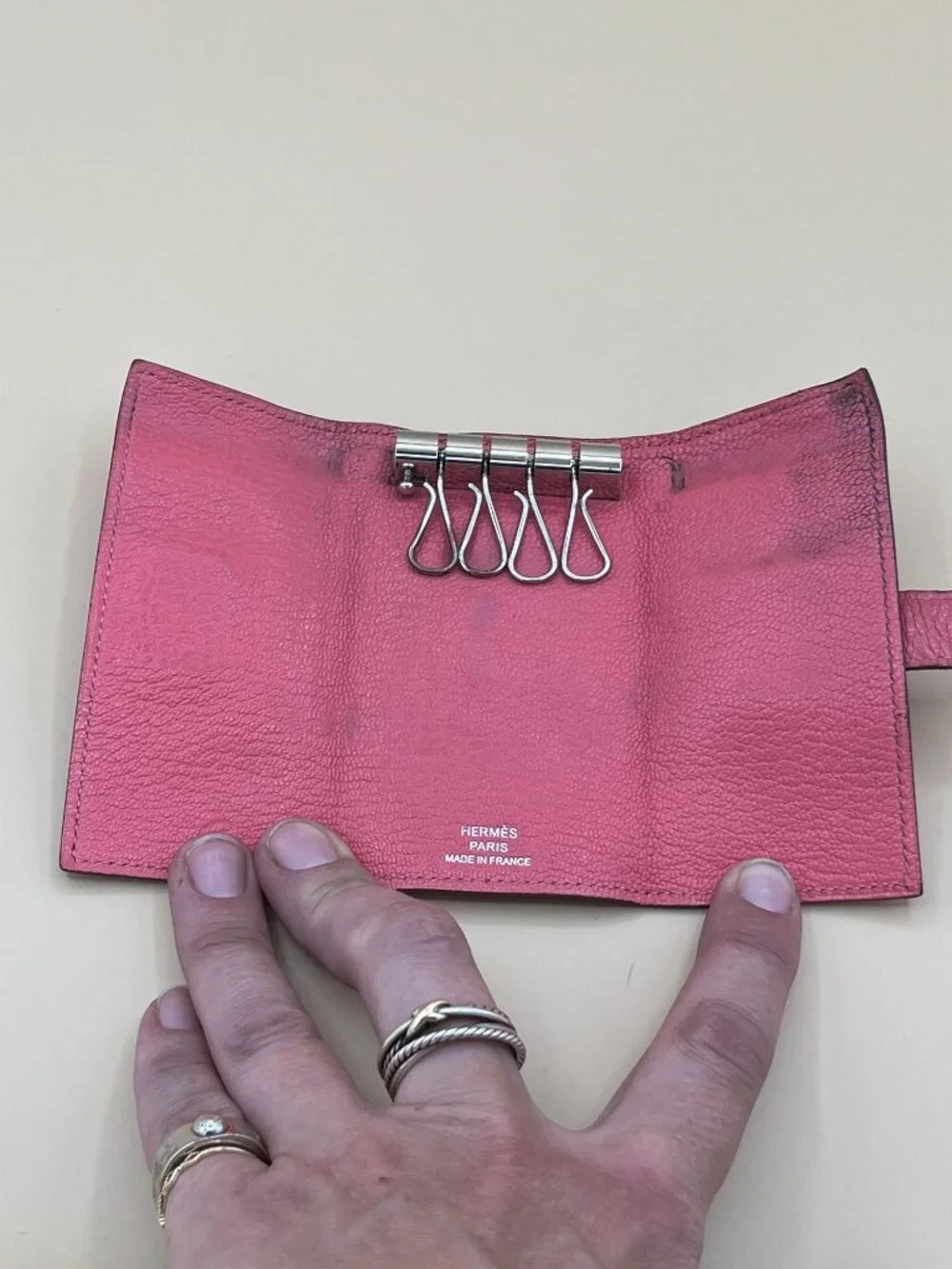 Hermes Bearn Key Case Holder Pink Rose Epsom Leather Silver H Clasp Made in Fran